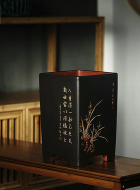 尚扣紫砂 李超手工粉浆四方签筒盆 室内典雅大号绿植桌面兰花盆