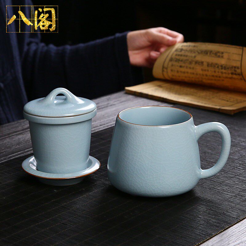 汝窑泡茶杯过滤内胆带盖手把陶瓷茶水分离杯个人杯办公杯喝水杯子