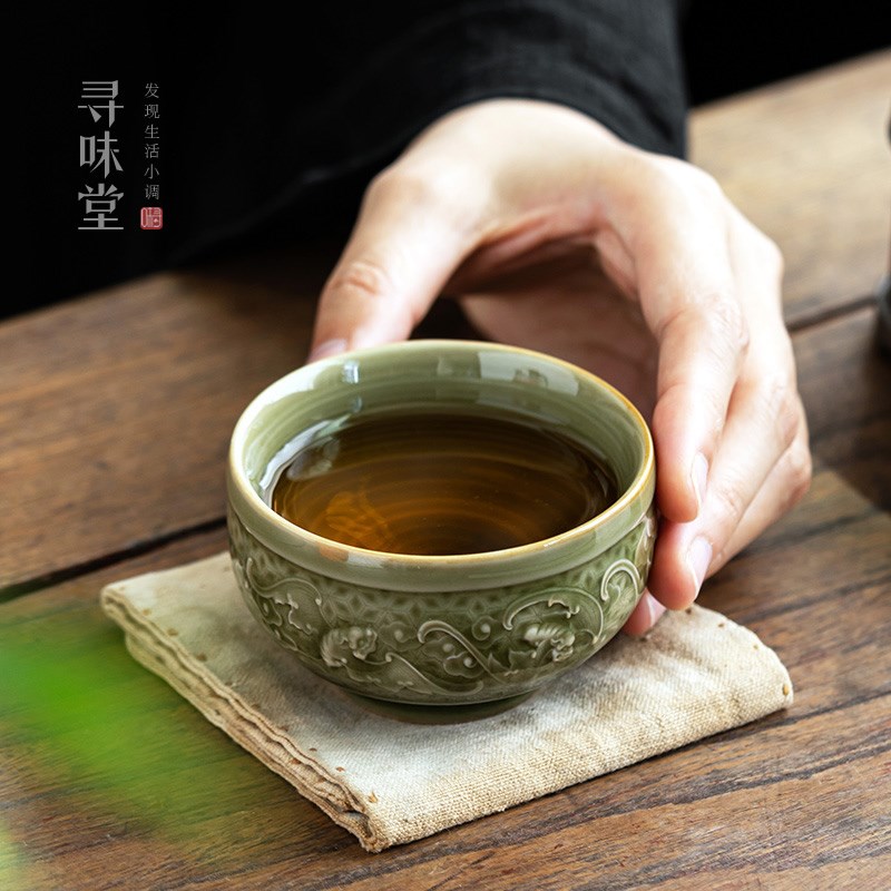 耀州窑小茶杯主人杯浮雕青瓷品茗杯复古风龙凤家用陶瓷功夫茶具