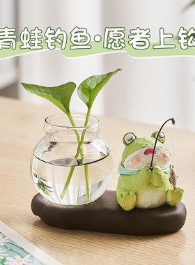 小猫钓鱼玻璃花瓶水培绿植摆件装饰品办公室桌面工位氛围布置好物
