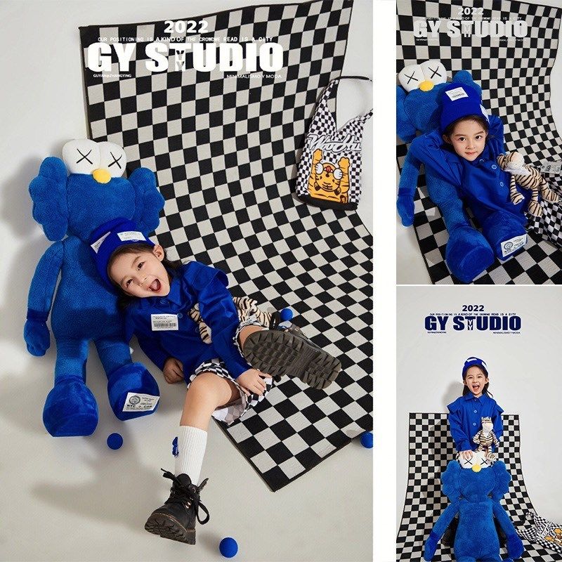 棋盘格子背景布地毯少女写真克莱因蓝黑白格地垫房间装饰拍照道具