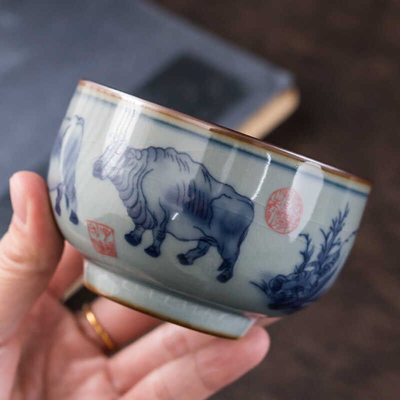老陶泥青花开片五牛大容量陶瓷主人杯中式复古茶杯品茶盏送人高档