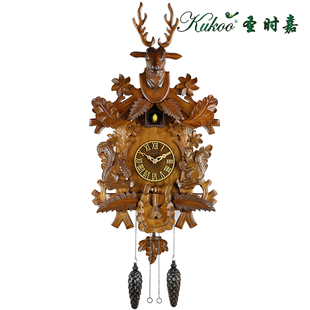 圣时嘉鹿头布谷鸟挂钟实木手工雕刻咕咕钟报时钟欧式 壁挂钟6002