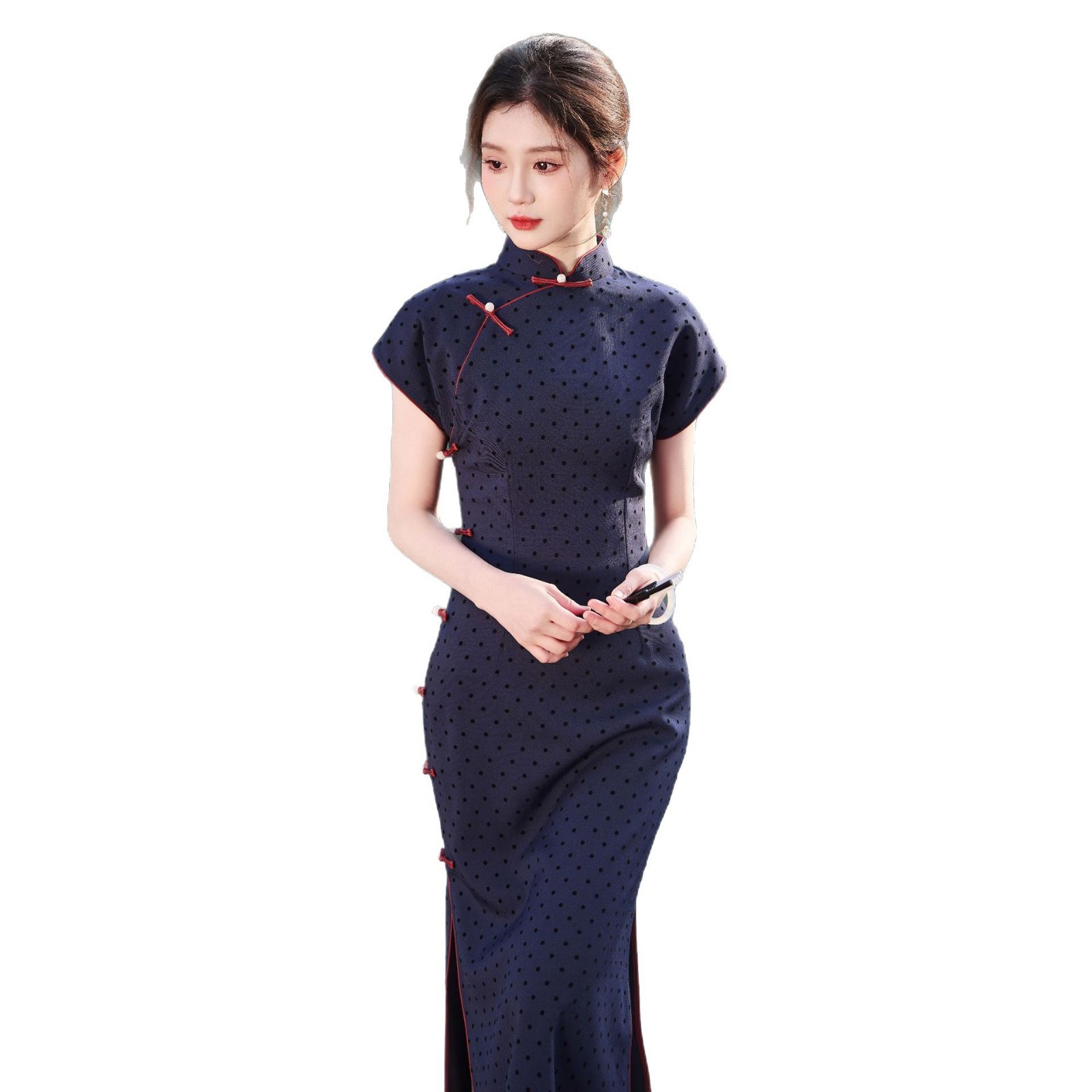 2026新款藏青色旗袍新中式改良夏季波点撞色感民国宽松日常女