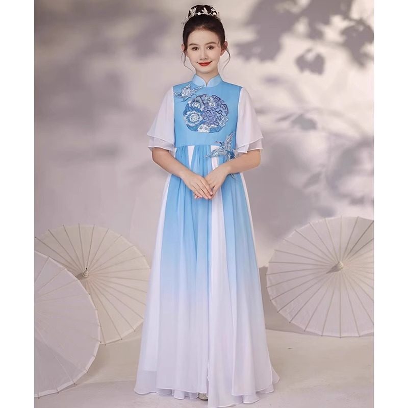 2026新款蓝色女童独奏古筝演出服中国风冬季二胡演奏专业合唱