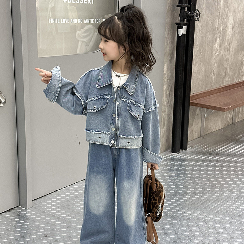 2026新款女童春装套装儿童时髦牛仔阔腿裤洋气女大童春秋两件
