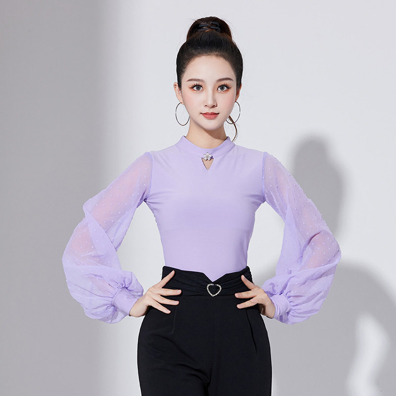 2026新款摩登舞灯笼袖舞蹈服女士护脖小高领国标舞服连体衣长袖华