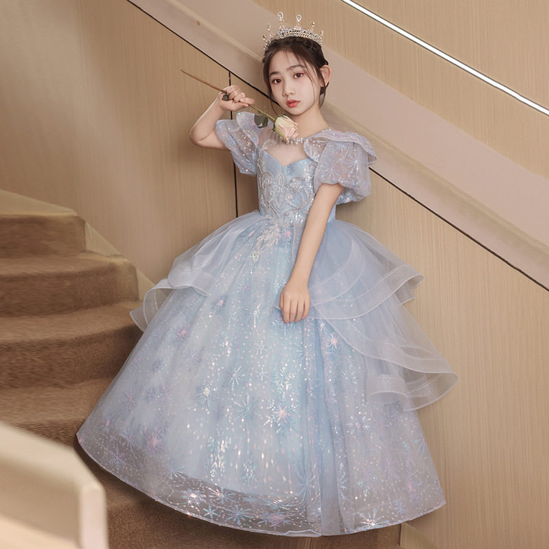 2026新款儿童礼服裙蓬蓬纱女童夏季蓝色轻奢法式公主裙钢琴演奏演