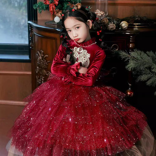 2025新款女童礼服春夏季儿童钢琴演奏主持人红色公主裙新年晚