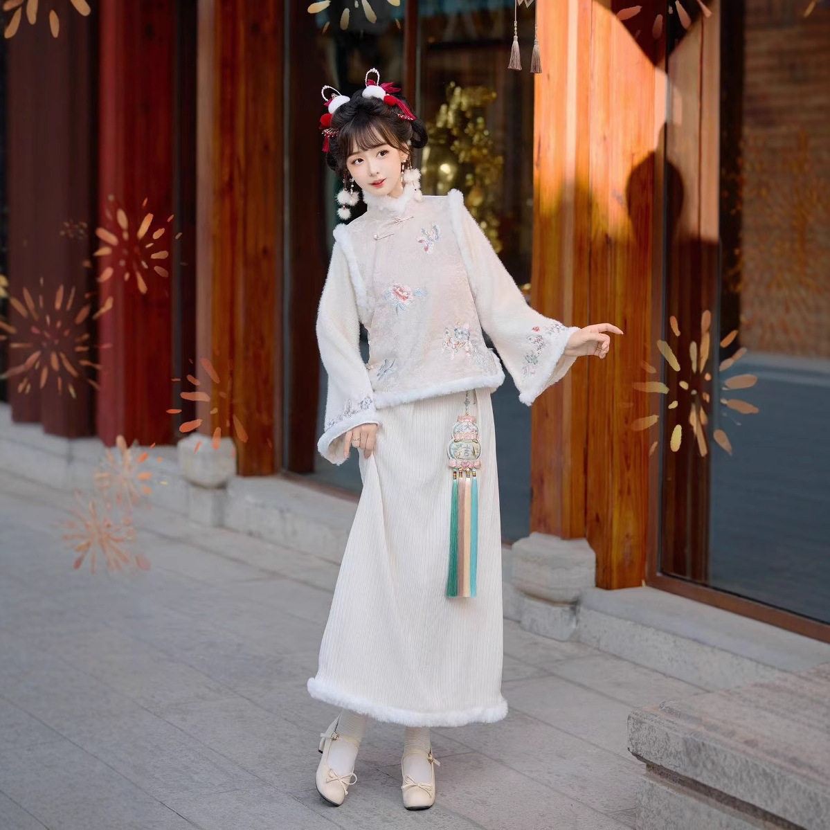 2025新款新冬款汉服中国风新年战袍汉元素马甲连衣裙拜年服套