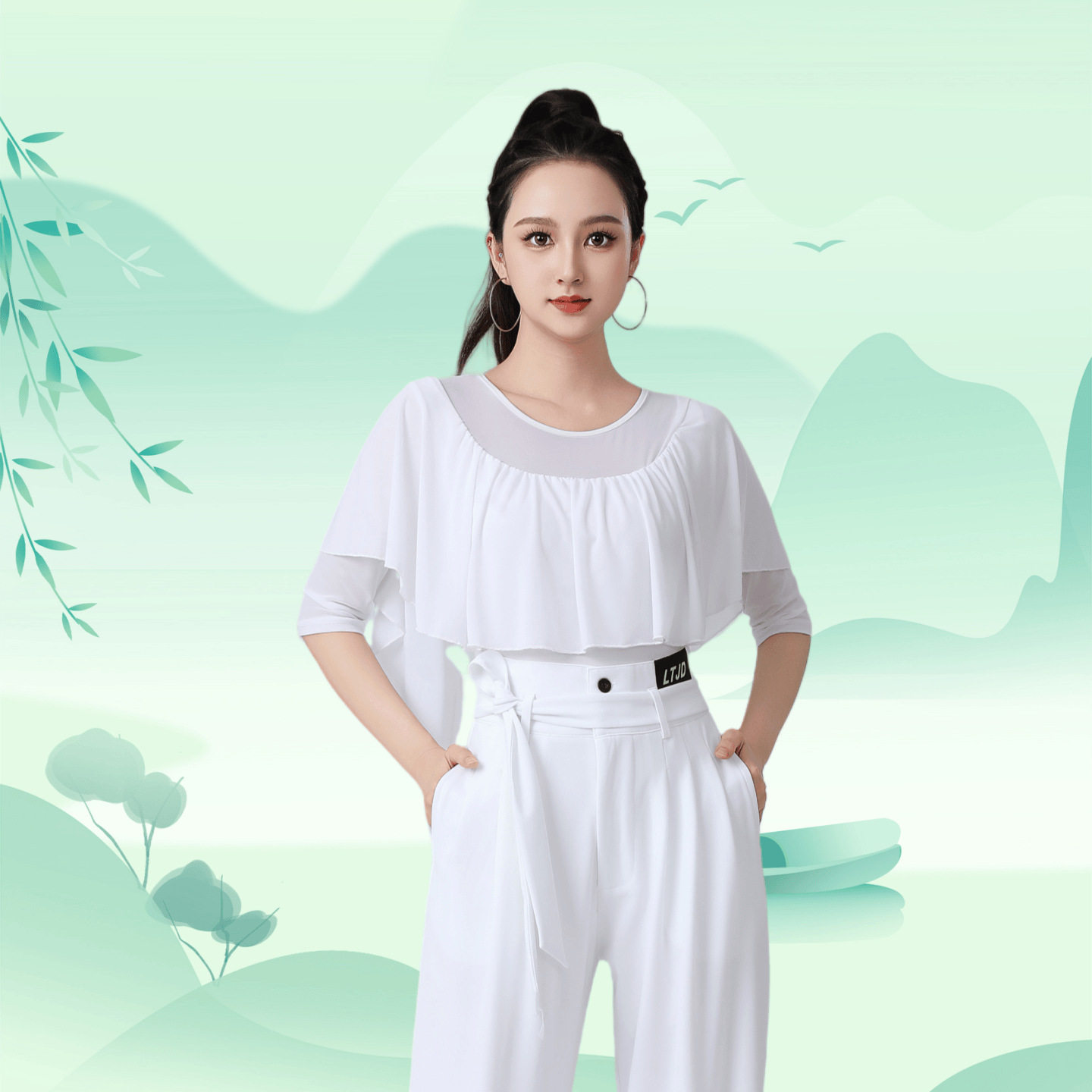 2026新款吉特巴女荷叶边圆领连体衣练功服广场舞三步踩百搭舞蹈服