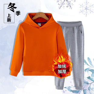 2026新款男女童加绒连帽卫衣套装秋冬季童装儿童中大童保暖两