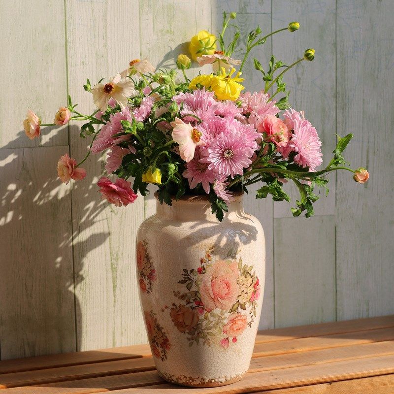 复古花瓶陶瓷做旧冰裂花器国风油画陶釉中式田园花瓶水培花盆