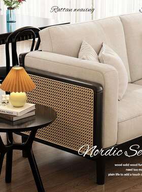 法式复古实木沙发绿色直排双三人黑色北欧客厅家用藤编沙发小户型