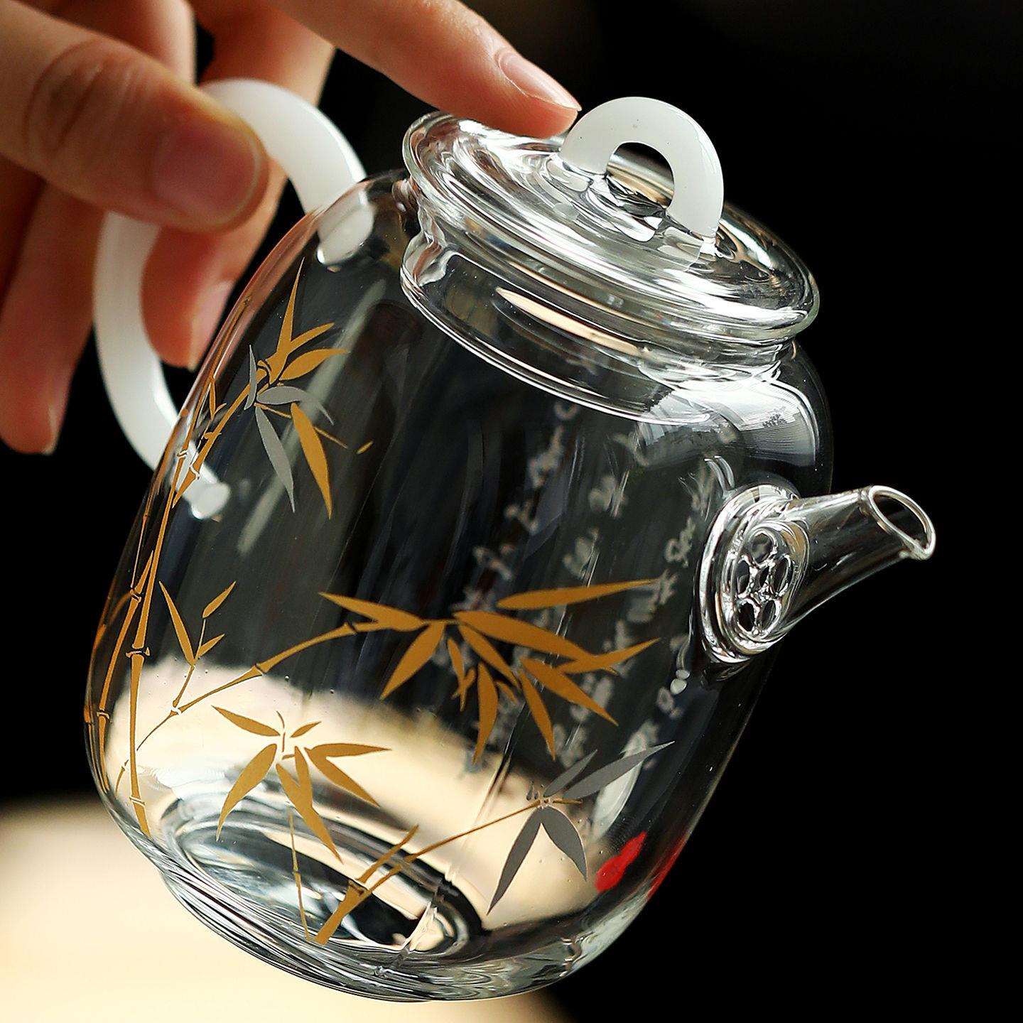 极素金银竹玻璃茶水壶泡茶壶家用女士高颜值单壶喝茶壶单柄四方壶
