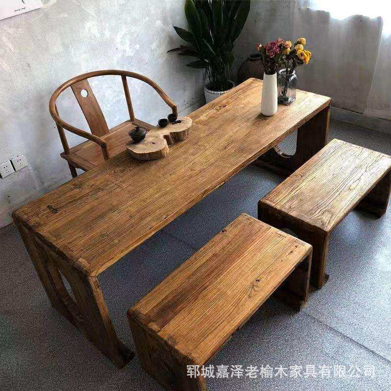 老榆木茶桌禅意书桌中式办公室茶泡茶台风化老门板家用茶几桌餐桌