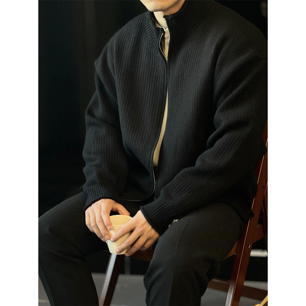 立领针织开衫男士夹克复古毛衣