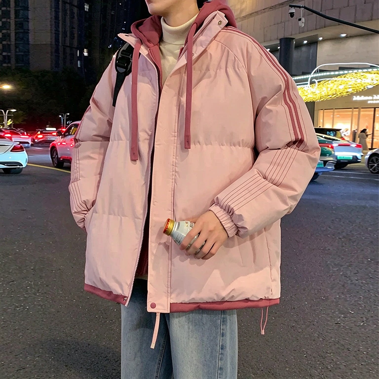 假两件连帽保暖条纹羽绒棉服冬季