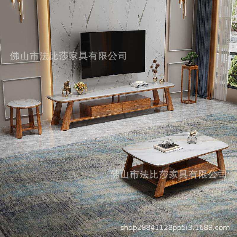 高端新中式乌金木大理石方茶几电视柜组合别墅大户型实木储物地柜
