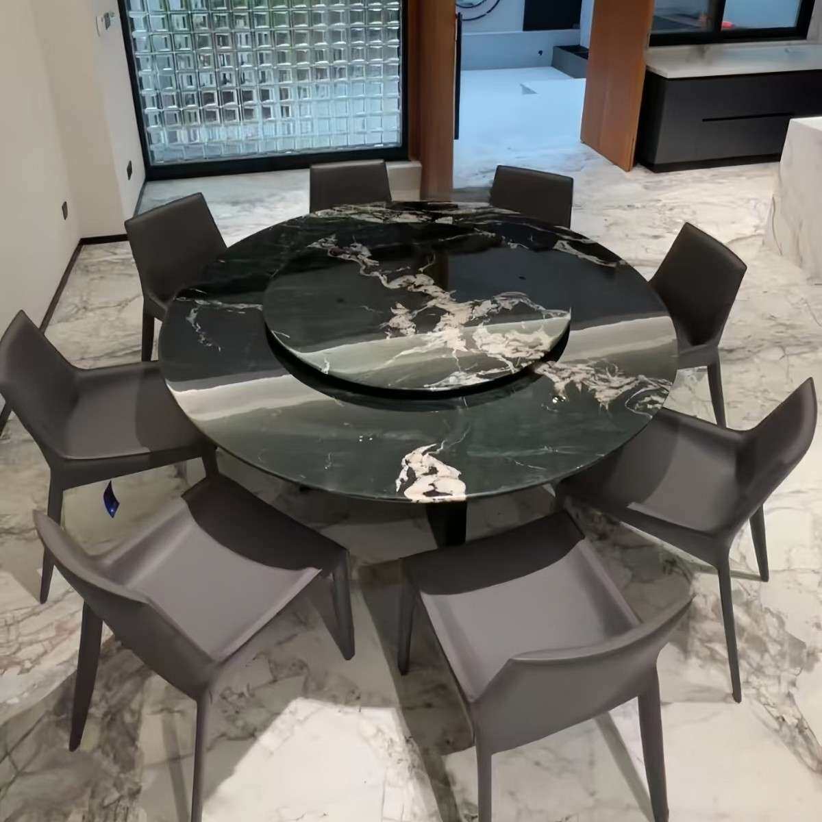 意式轻奢云母绿天然奢石圆形餐桌简约现代天然大理石餐桌饭桌餐台