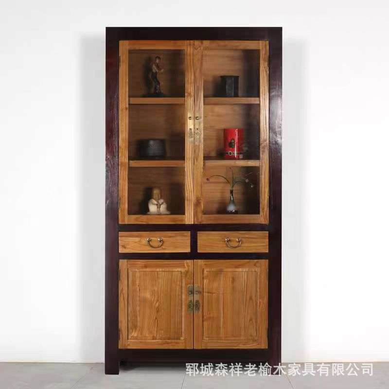 老榆木书柜实木玻璃门展示柜客厅书房靠墙储物柜简约中式书橱