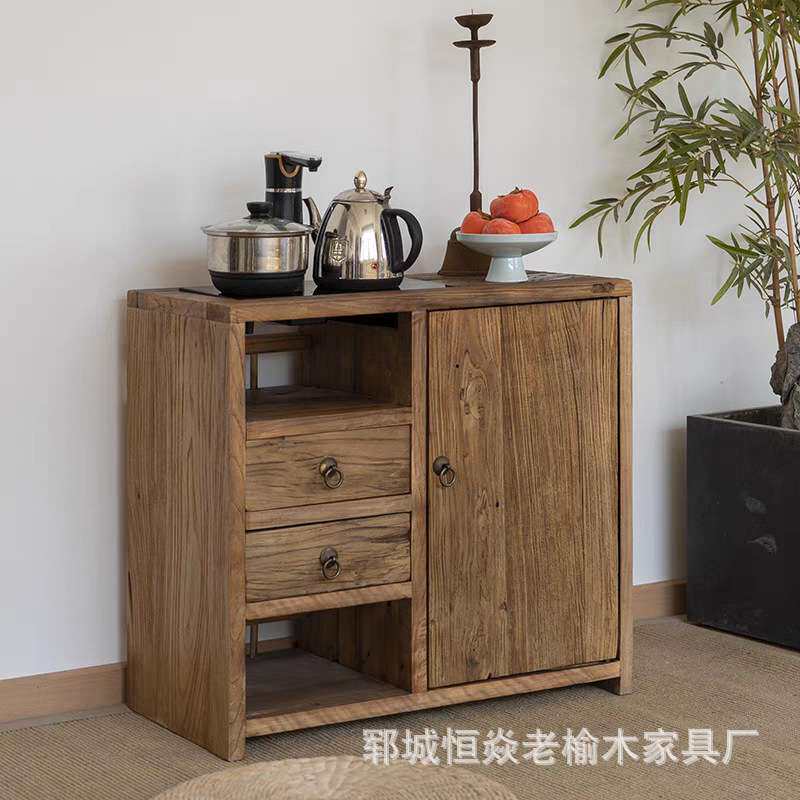 榆木风化老门板茶水柜实木复古小烧水架禅意储物柜名宿简约茶水台