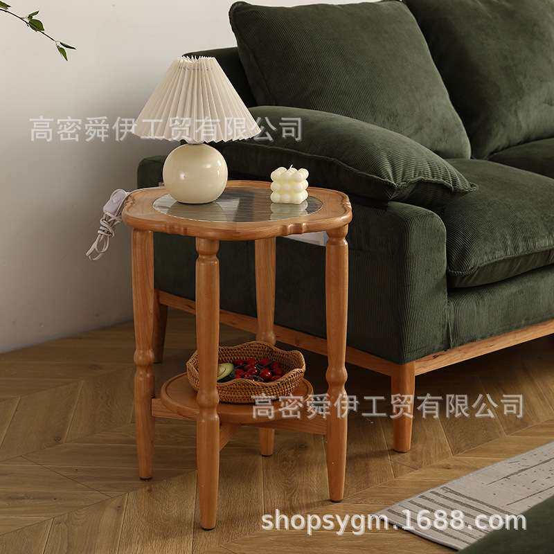 复古樱桃实木茶几简约客厅家具中古风小户型圆几海棠玻璃花边茶几