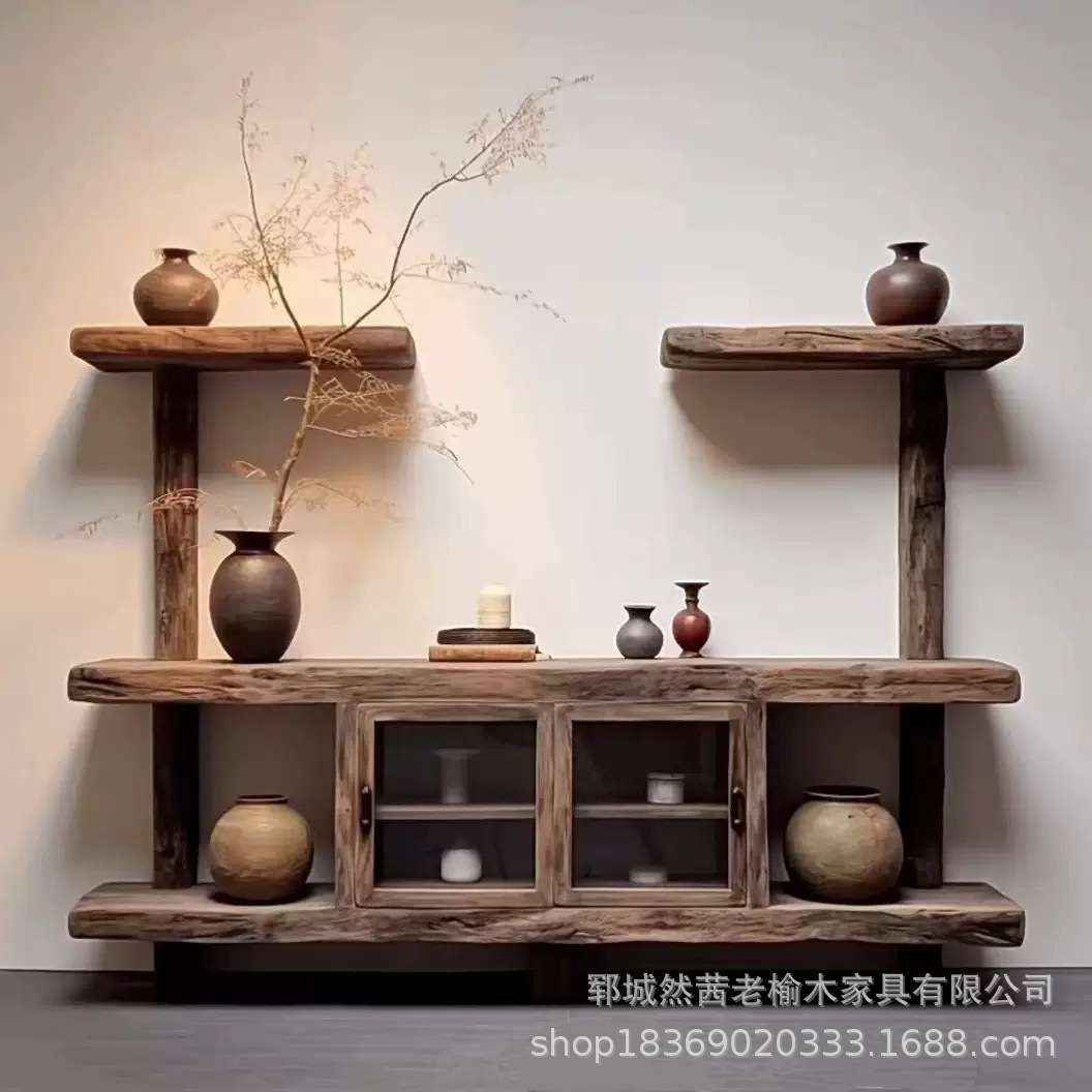 复古老榆木餐边柜家居客厅装饰玄关桌实木条案老门板餐边柜博古架