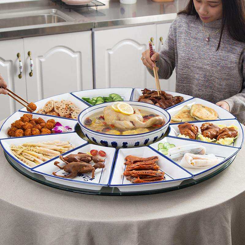 网红陶瓷菜盘子套装圆桌团圆餐具套圆形扇形创意家用拼盘餐具组合
