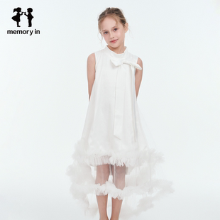 memoryin童装连衣裙两个小朋友女孩优雅无袖网纱叠层燕尾连衣裙