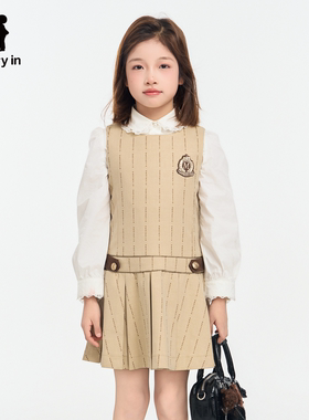 memoryin童装连衣裙收腰无袖字母细条纹刺绣学院风百褶提花连身裙