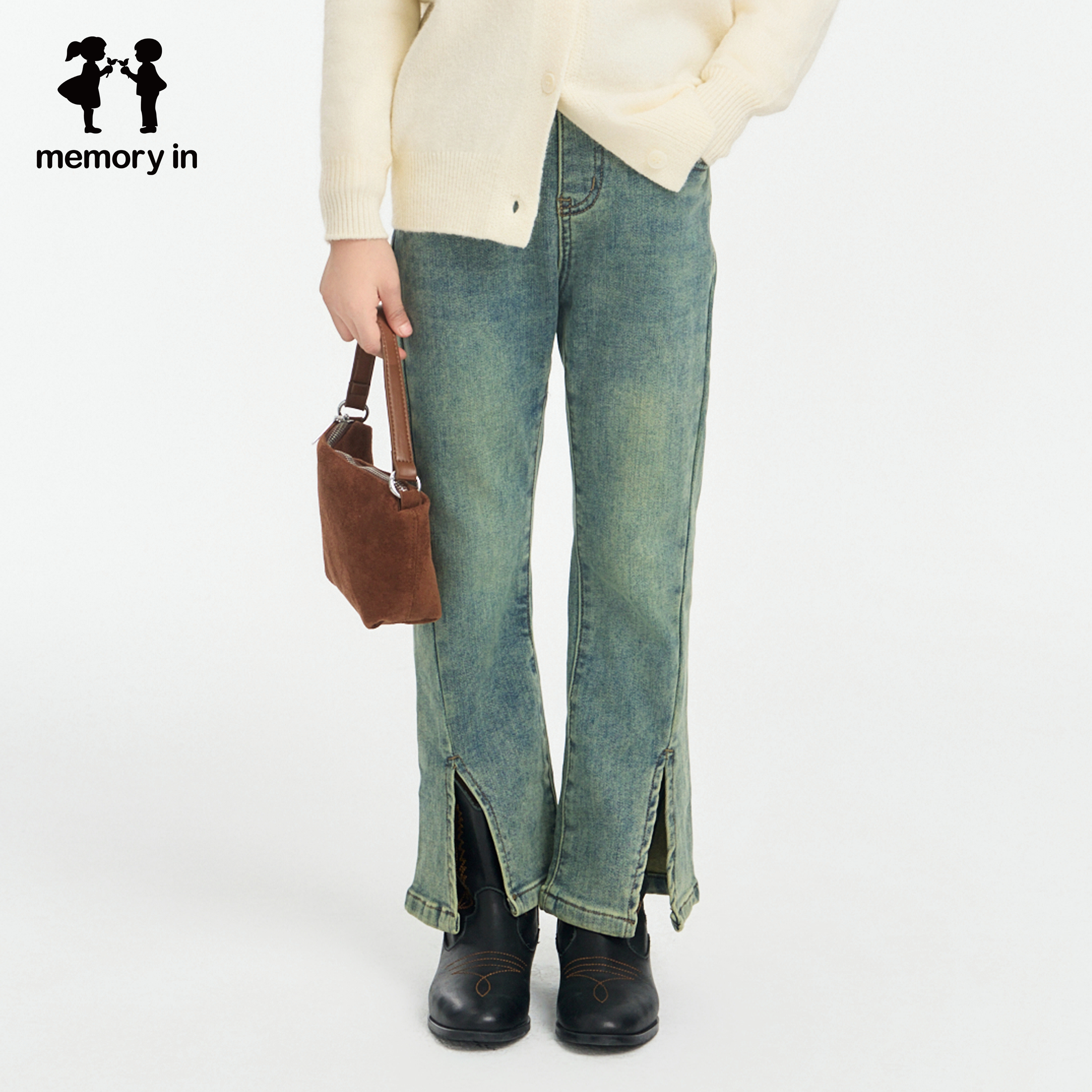 memoryin童装牛仔裤两个小朋友复古做旧开叉双排扣微喇叭牛仔长裤,童装/婴儿装/亲子装,儿童牛仔裤,淘宝优惠券,粉丝福利购,淘宝优惠卷