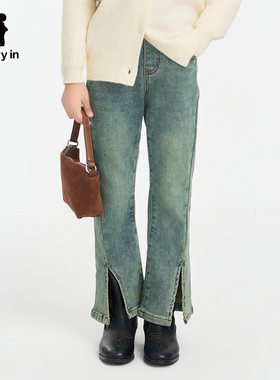 memoryin童装牛仔裤两个小朋友复古做旧开叉双排扣微喇叭牛仔长裤