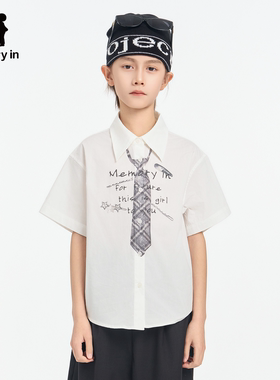 memoryin童装梭织衬衫两个小朋友男孩宽松字母领带印花短袖衬衫