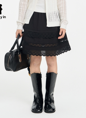 memoryin童装短裙两个小朋友纯色甜美双层拼接蕾丝边半身裙