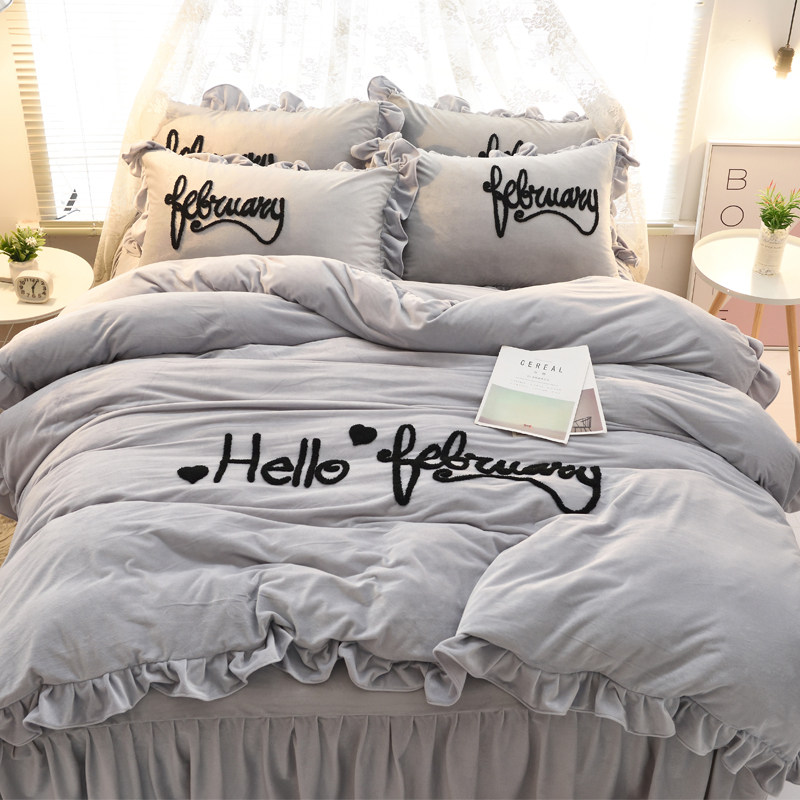 韩版花边流苏加绒少女心水晶绒被套单件加厚加绒秋冬毛巾绣单被罩