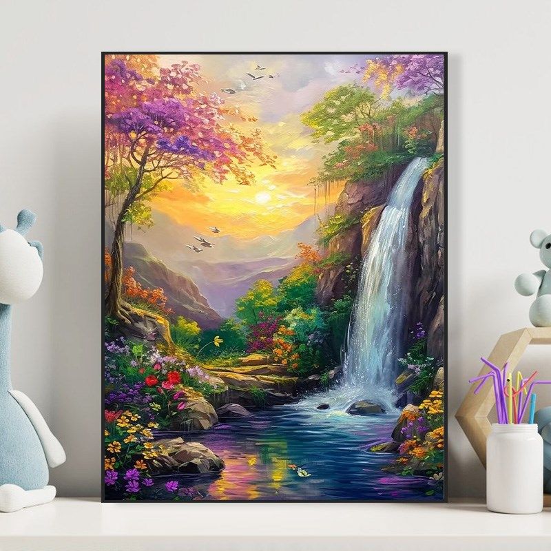 治愈风景diy山间瀑布流水沙发手工填充涂色焕发清新数字油彩画