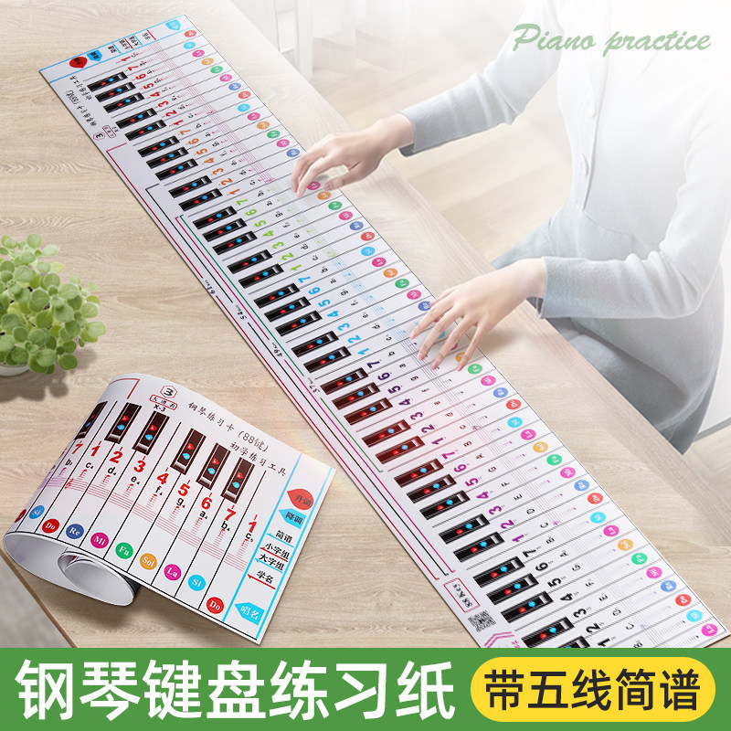 88键便携钢琴键盘图纸初学者指法练习卡手卷琴练五线谱简谱对照表