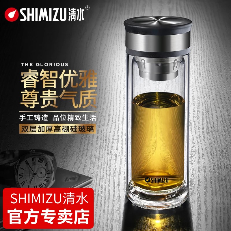 清水双层玻璃水杯时尚耐热加厚透明男女士办公车载带过滤泡茶水杯
