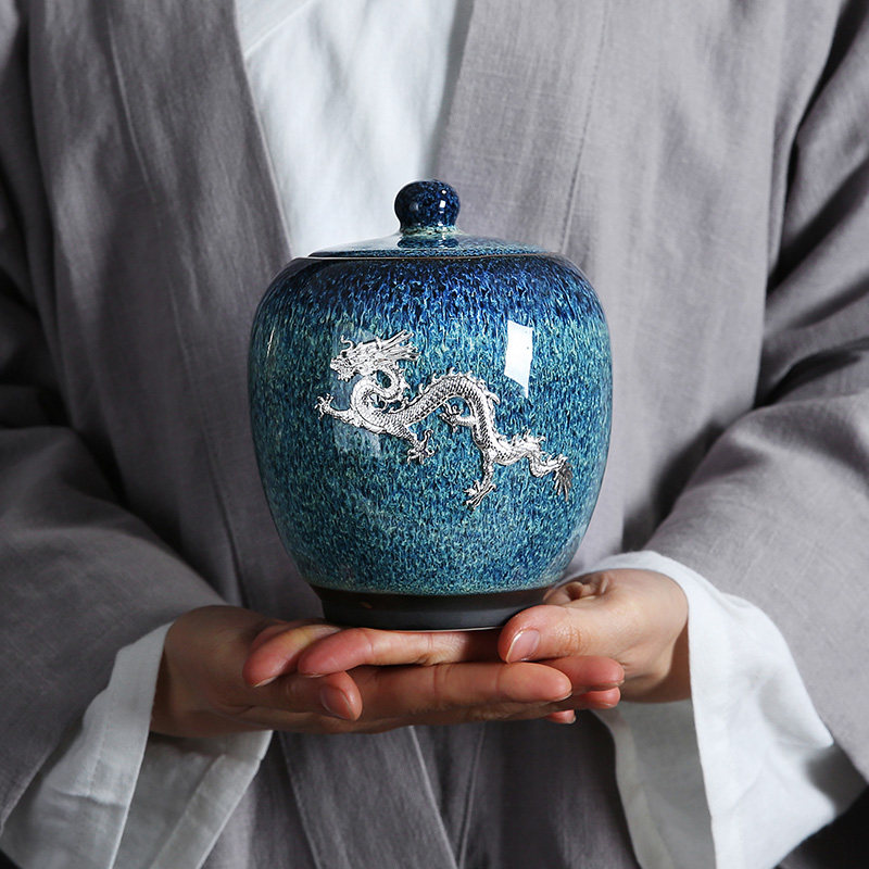 天目釉镶银茶叶罐陶瓷中号存储密封茶叶包装礼盒龙凤银饰茶叶罐子