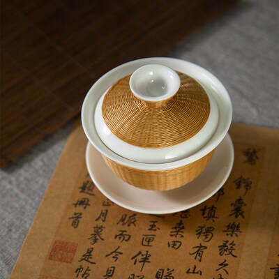 竹丝扣瓷中式泡茶盖碗四川非遗手工艺瓷胎竹编三才杯功夫茶具茶碗