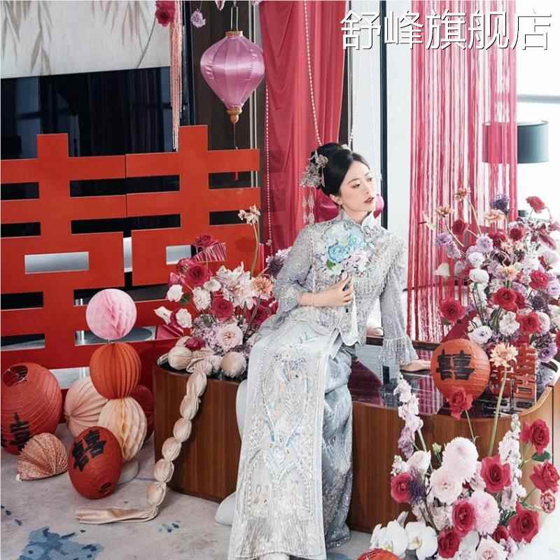 结婚酒店婚房布置装饰套装主卧室新房接亲晨袍拍照男女方客厅背景