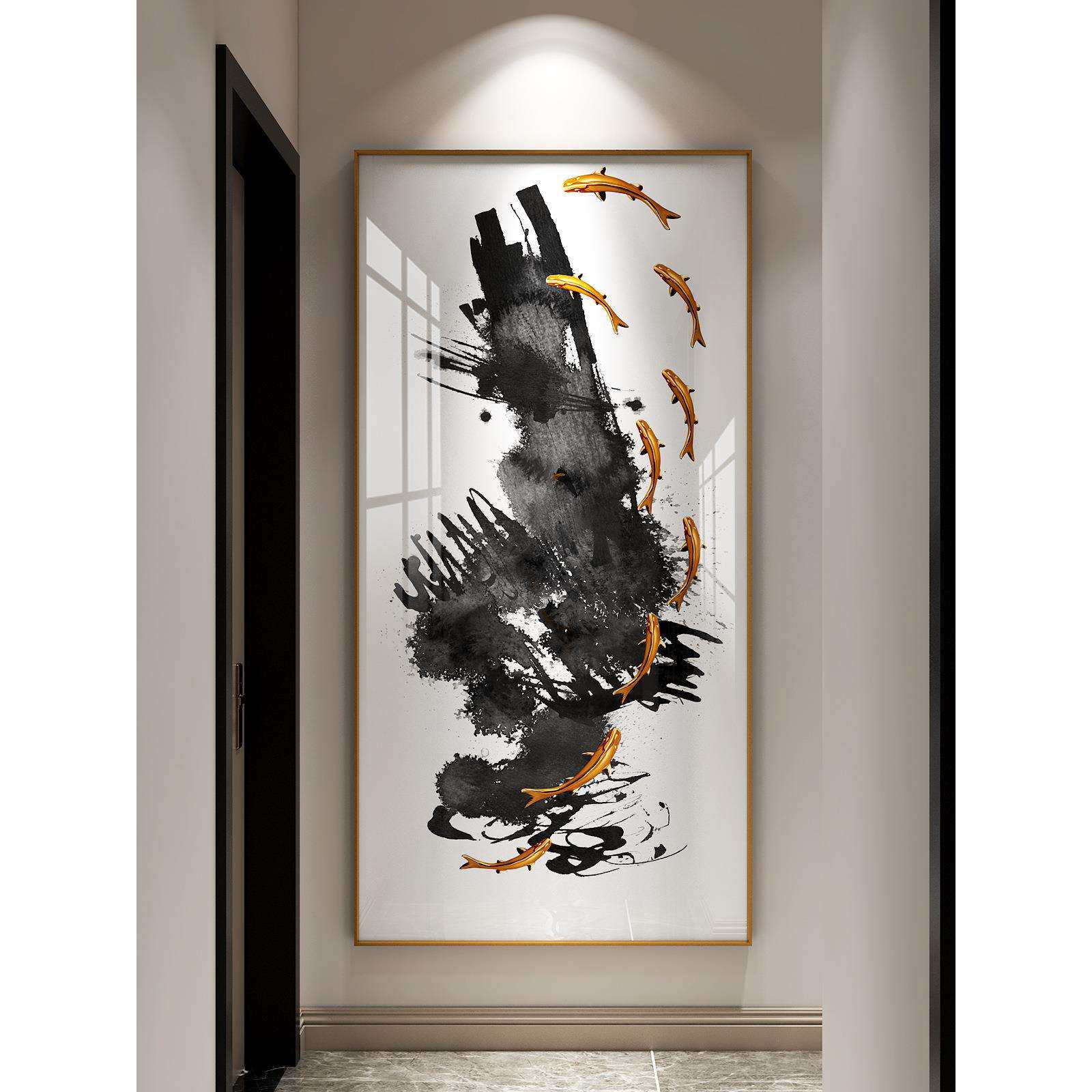中国风玄关走廊画竖版装饰画新中式挂画鲤鱼聚财壁画客厅玄关画
