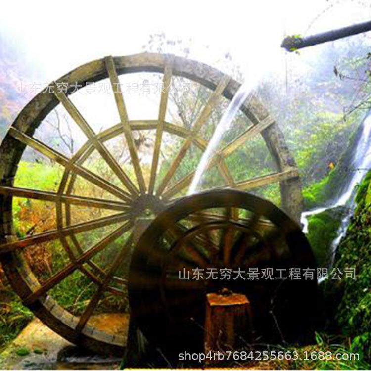 景区热销大型铁艺防腐木户外庄园场景布置景观防腐木大水车模型