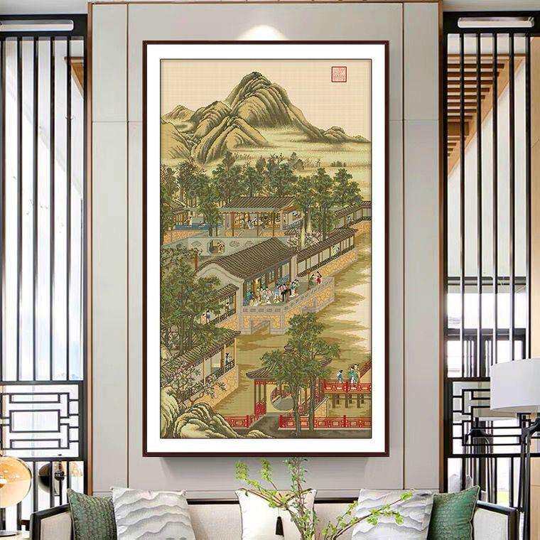 雍正十二月七月十字绣2024新款线绣客厅竖版玄关古典名画图自己绣