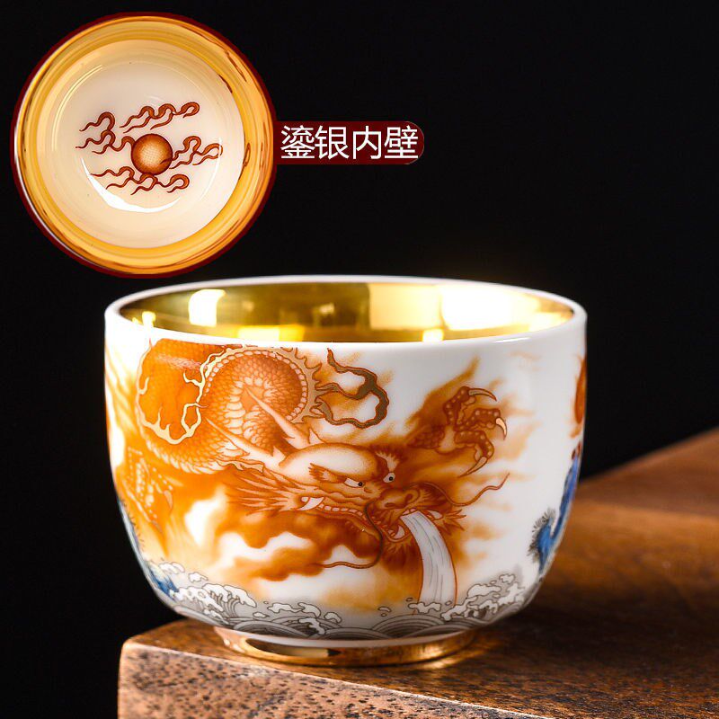 国风中式陶瓷鎏金盏镶银功夫茶杯主人杯单杯窑变品茗杯茶碗