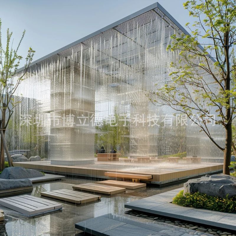 庭院氛围水景装置光纤拉线水幕带灯光室内装饰水帘施工安装厂家