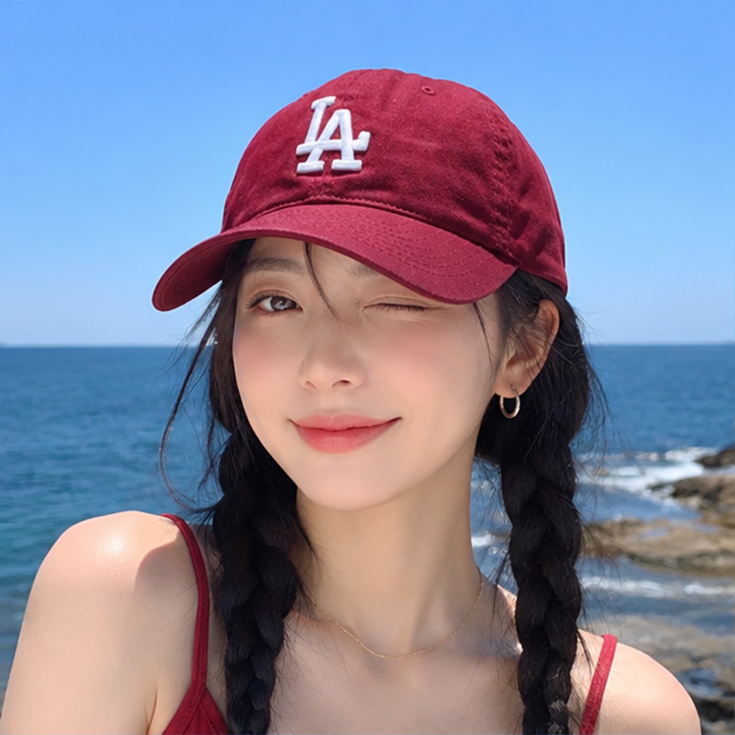 MLB官方男帽女帽棒球帽夏季新款LA大标遮阳帽运动帽酒红色鸭舌帽图片