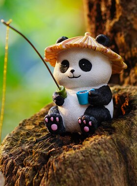 古法流水鱼缸造景钓鱼熊猫装饰品花园鱼池假山草缸花盆微景观摆件