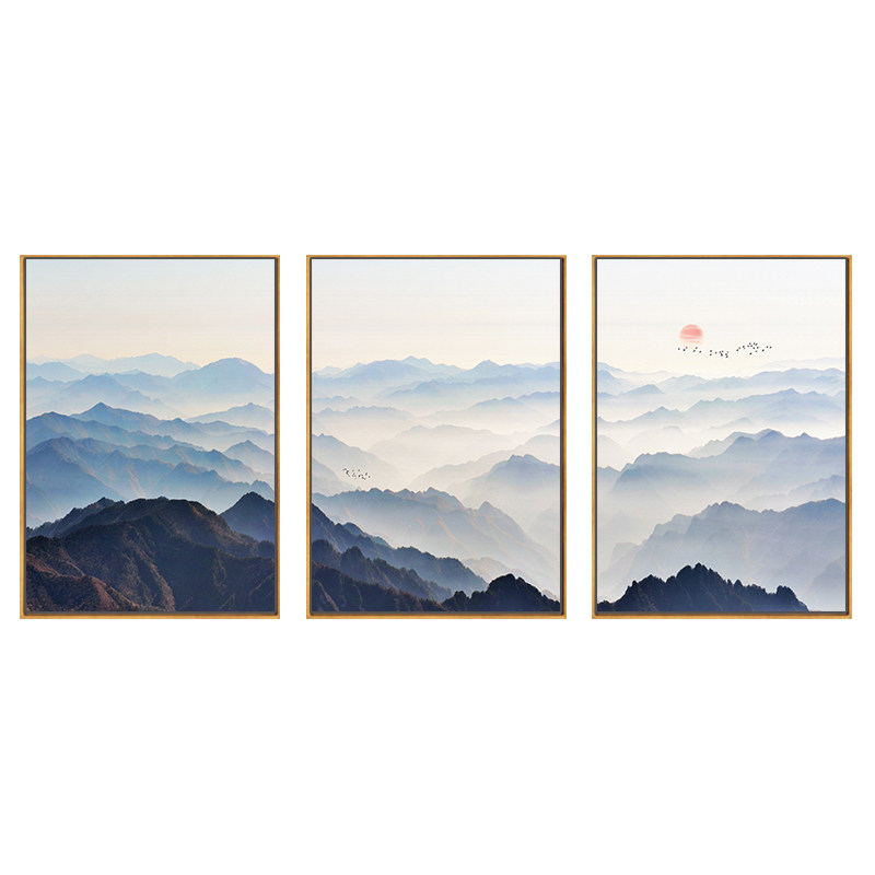 中饰客厅装式画山水挂画沙发后面的背景墙三联画背有靠财招山壁画